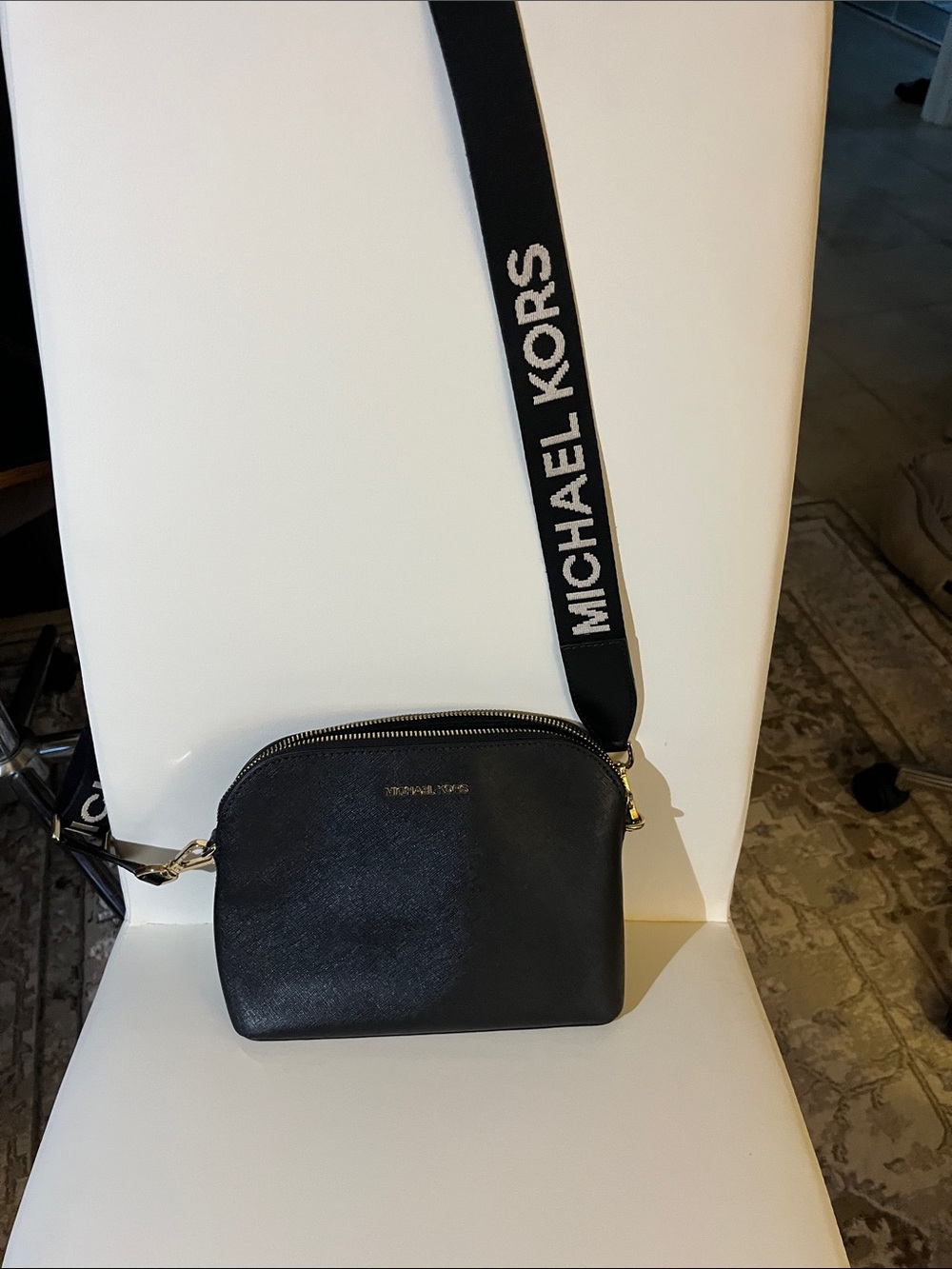 Michael Kors Black Crossbody Camera Bag with Logo Webbing Strap